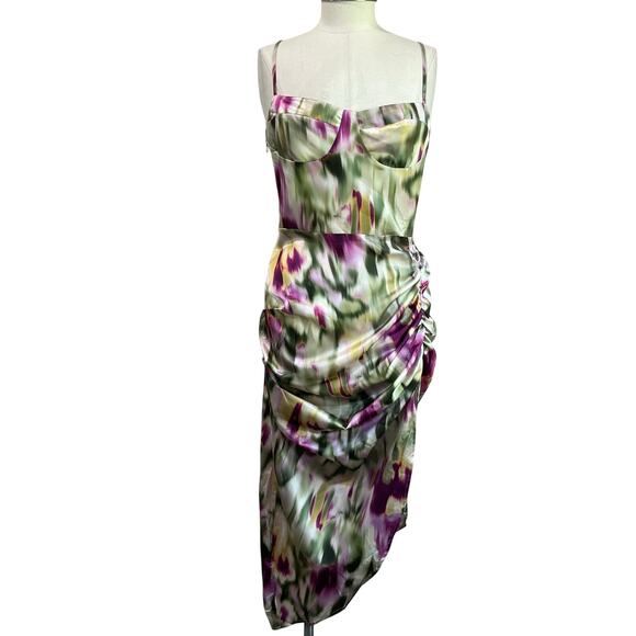 Cider Floral Satin Ruched Midi Dress Size L Watercolor Y2K Party Coquette - Picture 2 of 11